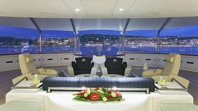 a large room with couches and chairs aboard LADY MOURA Yacht for Sale