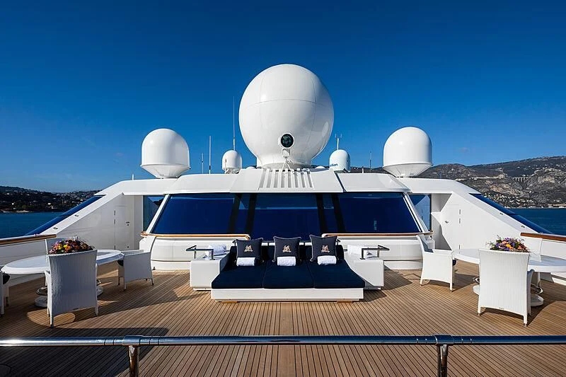 a large white yacht on a dock aboard LADY MOURA Yacht for Sale