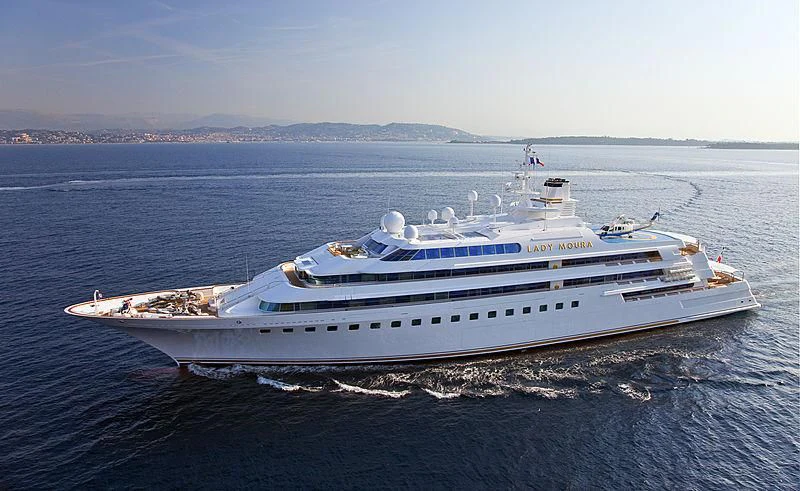a large white ship in the water aboard LADY MOURA Yacht for Sale