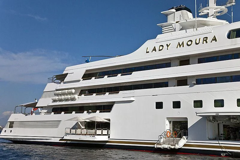 a large white cruise ship aboard LADY MOURA Yacht for Sale