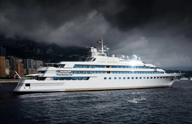 a white yacht in the water aboard LADY MOURA Yacht for Sale