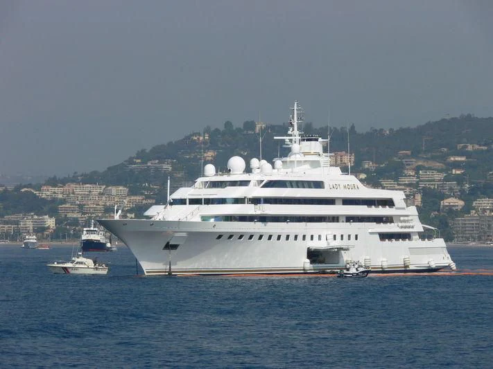 a large white yacht in the water aboard LADY MOURA Yacht for Sale