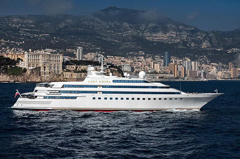a large white yacht in the water aboard LADY MOURA Yacht for Sale