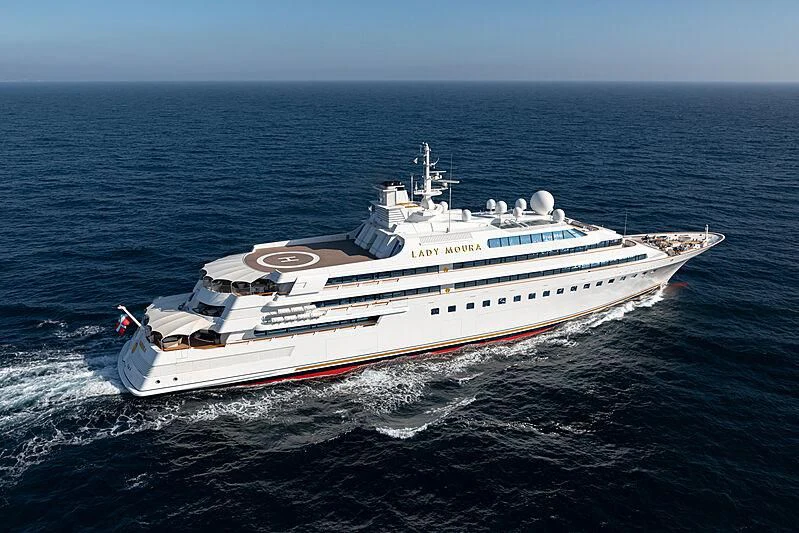 a large white ship in the water aboard LADY MOURA Yacht for Sale