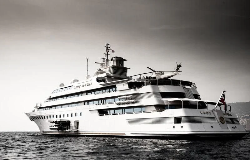 a large white ship aboard LADY MOURA Yacht for Sale