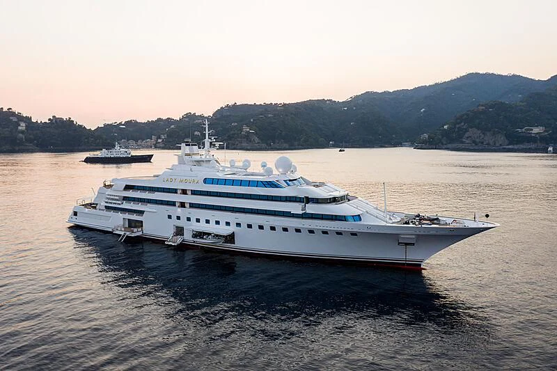 a large white boat on the water aboard LADY MOURA Yacht for Sale