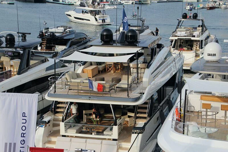 a boat with a large number of boats on it aboard EPIC Yacht for Sale