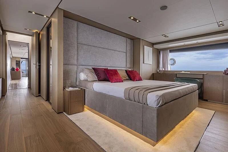 a bed in a room aboard EPIC Yacht for Sale