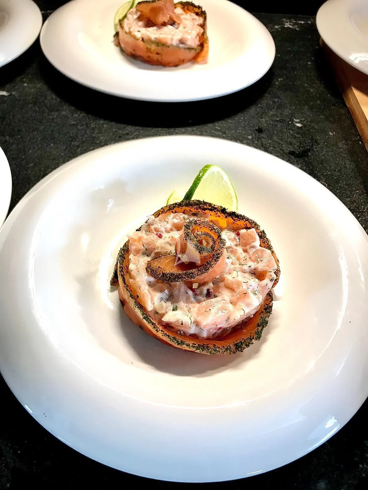 a plate of food aboard EPIC Yacht for Sale