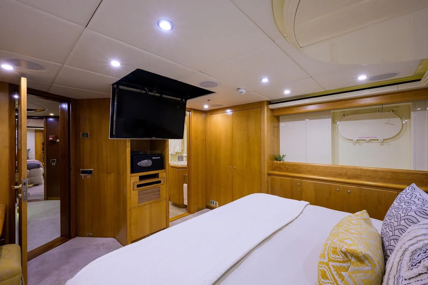 a bed in a room aboard CABERNET Yacht for Sale
