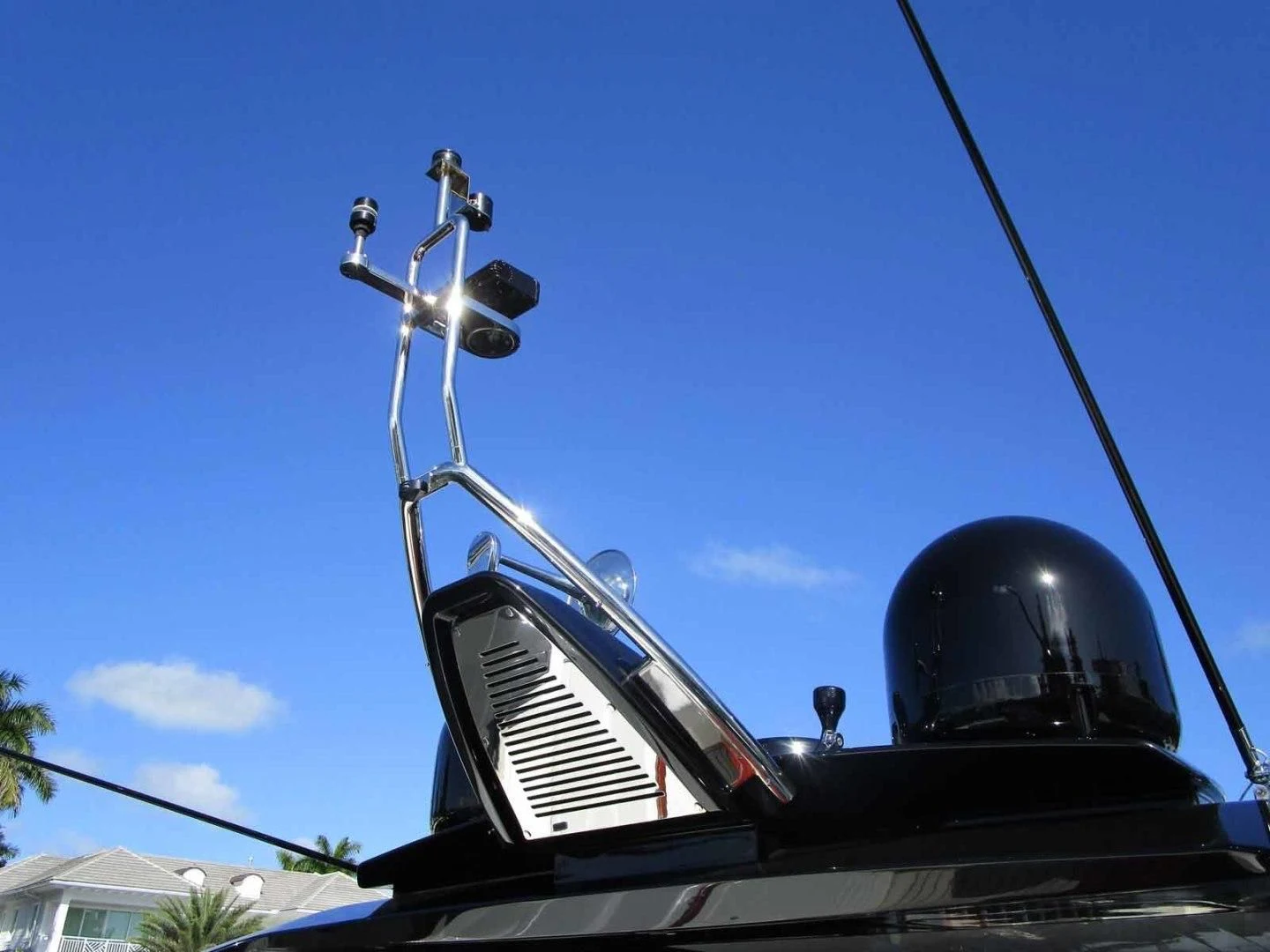 a large metal tower with a satellite dish on top aboard REGENCY Yacht for Sale