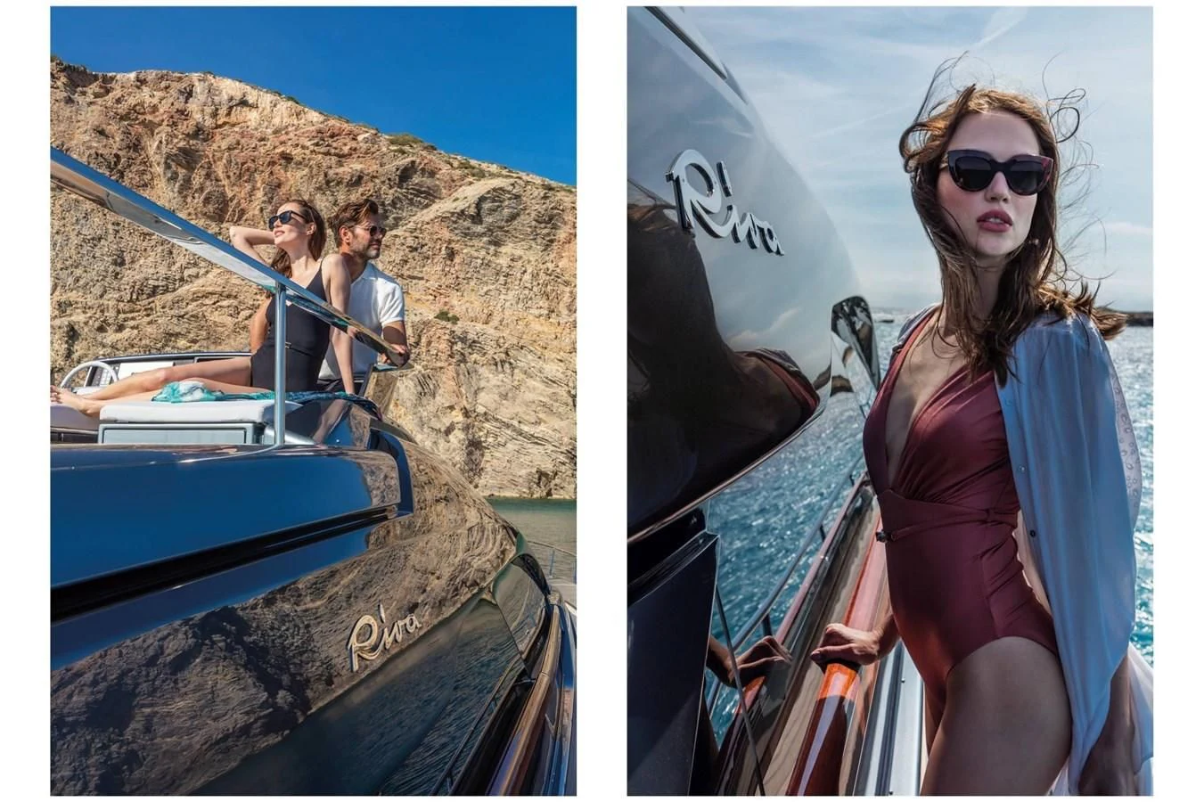 a woman standing next to a boat aboard RIVA 66' RIBELLE Yacht for Sale