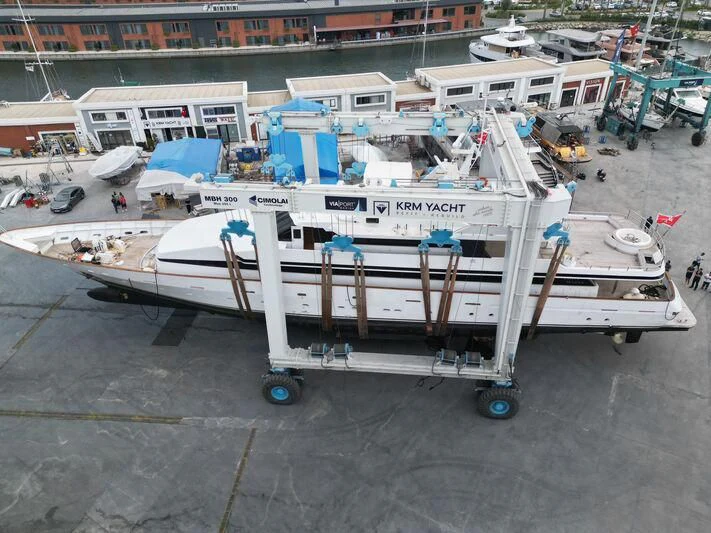a small white boat on a trailer aboard COSTA MAGNA Yacht for Sale