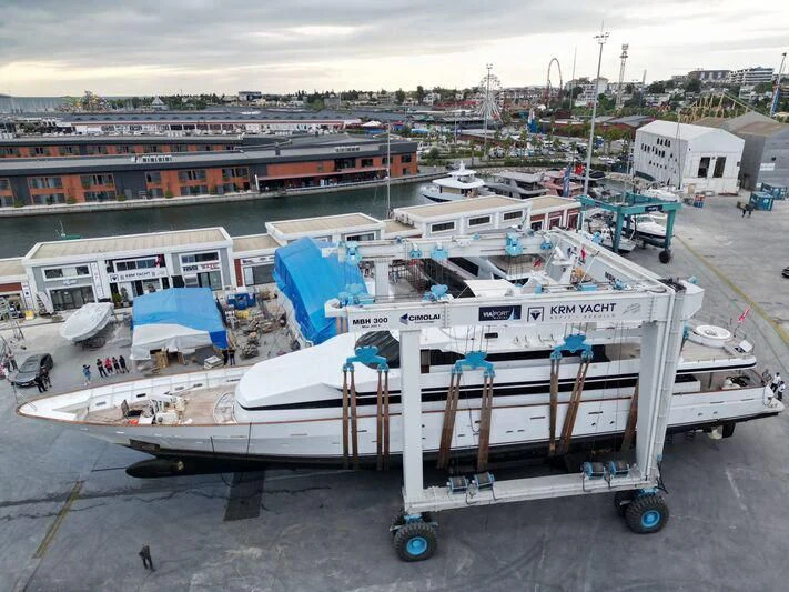 a small white boat on a trailer aboard COSTA MAGNA Yacht for Sale