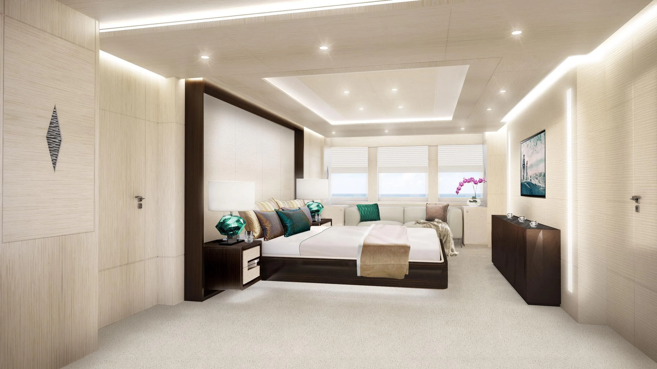 a bedroom with a bed and a desk aboard OMAHA Yacht for Sale