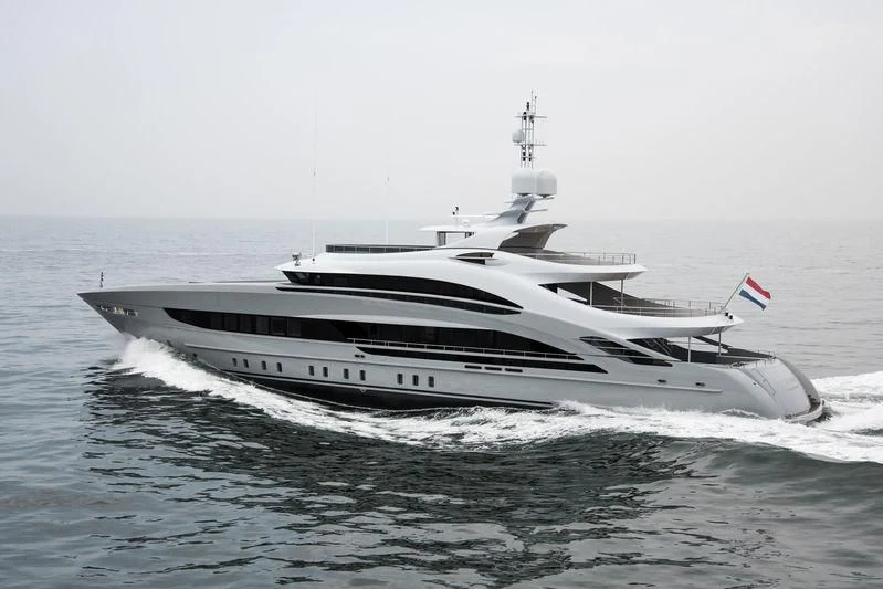a white yacht on the water aboard OMAHA Yacht for Sale