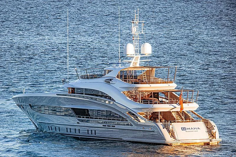 a large white boat aboard OMAHA Yacht for Sale