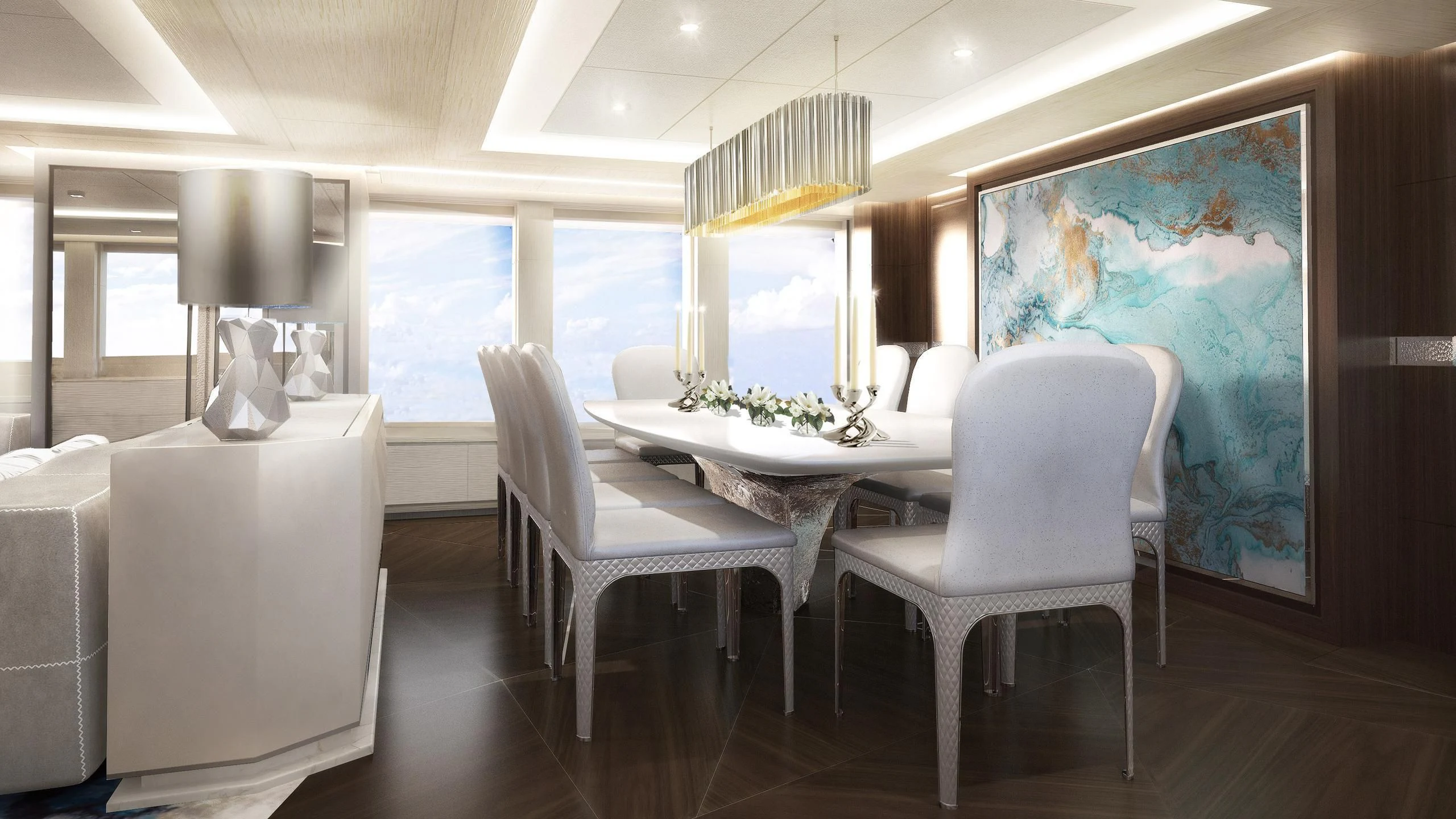 a room with a table and chairs aboard OMAHA Yacht for Sale