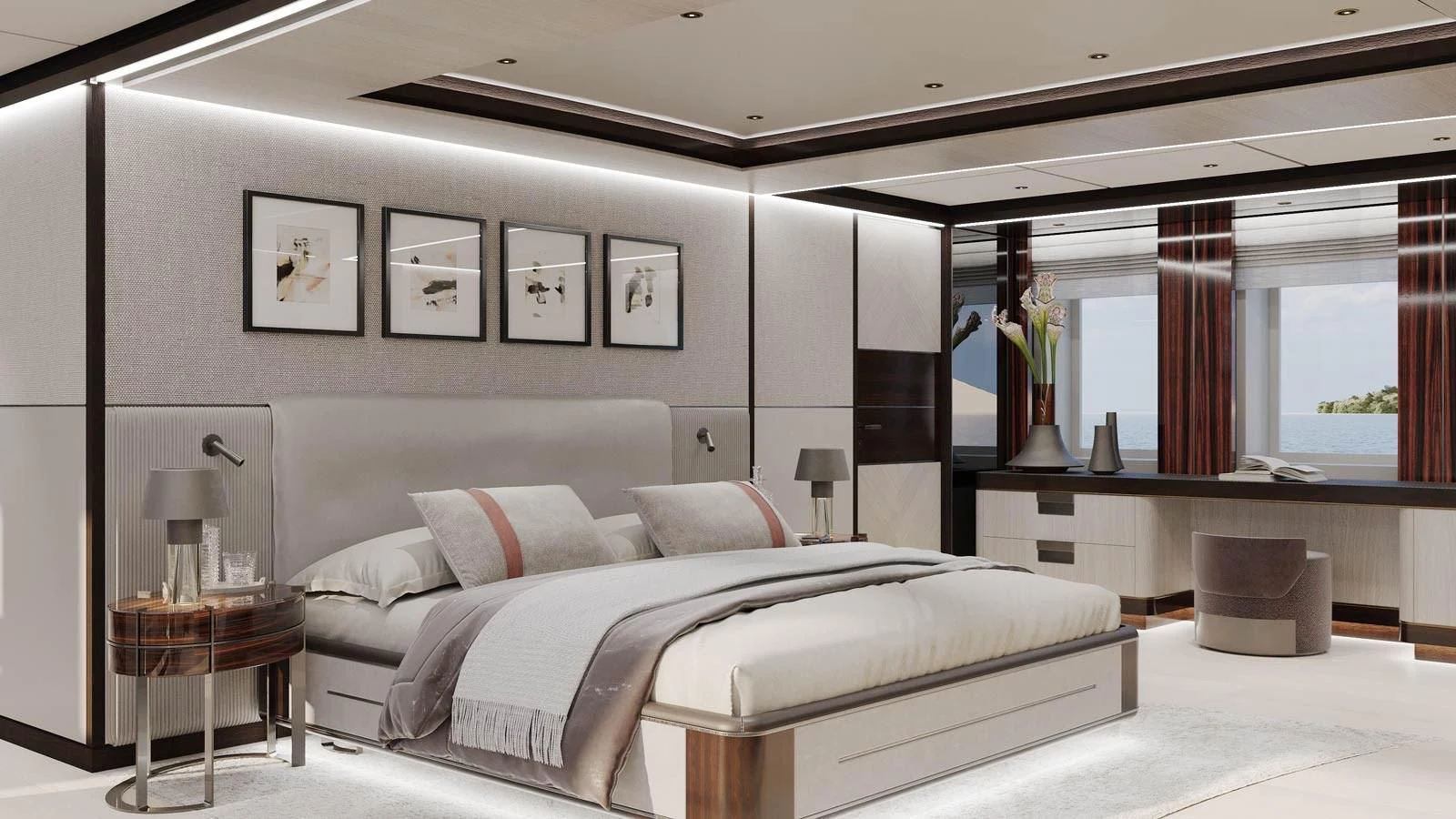 a large white bed in a room aboard WARDA Yacht for Sale