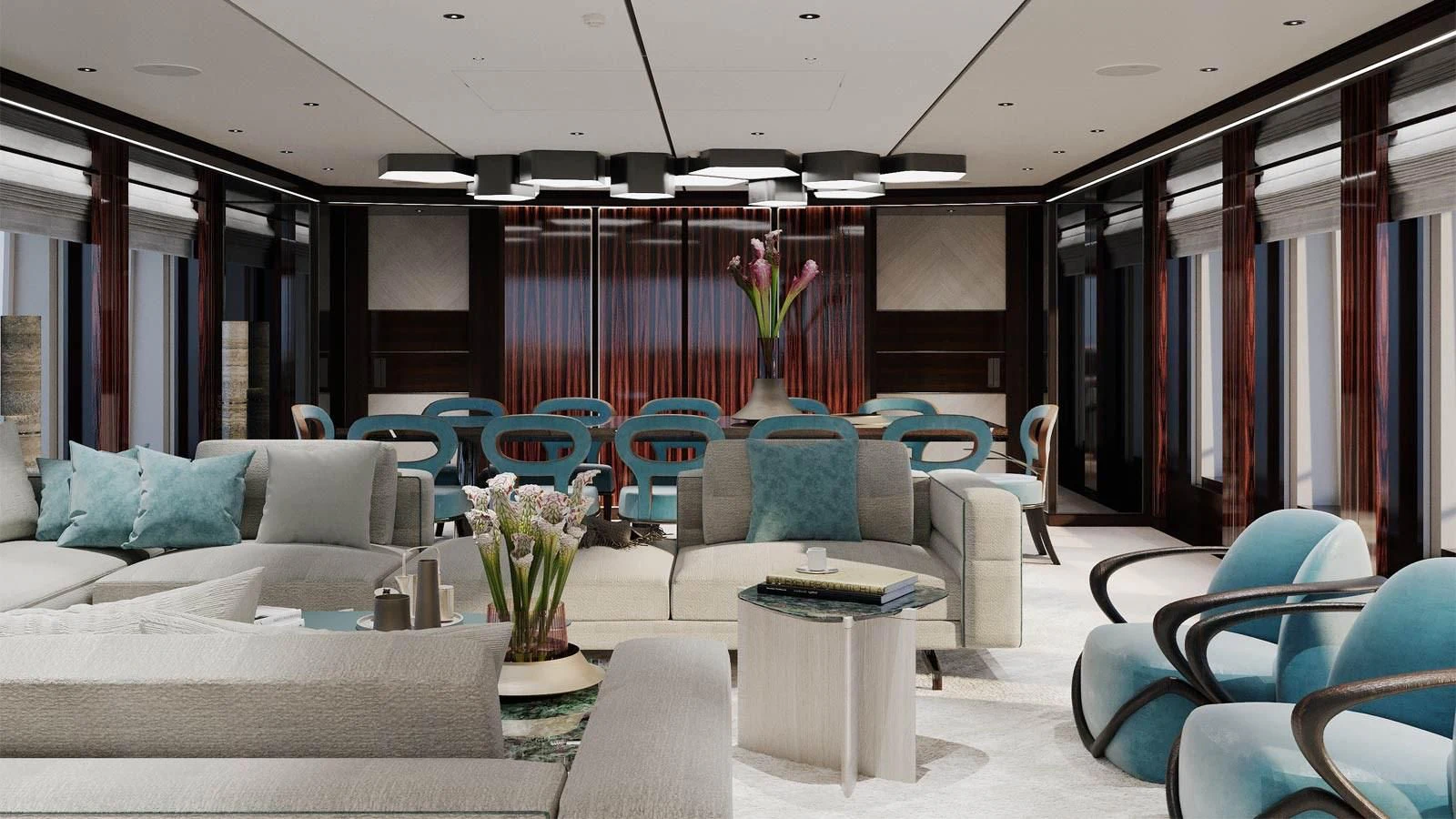a room with chairs and tables aboard WARDA Yacht for Sale