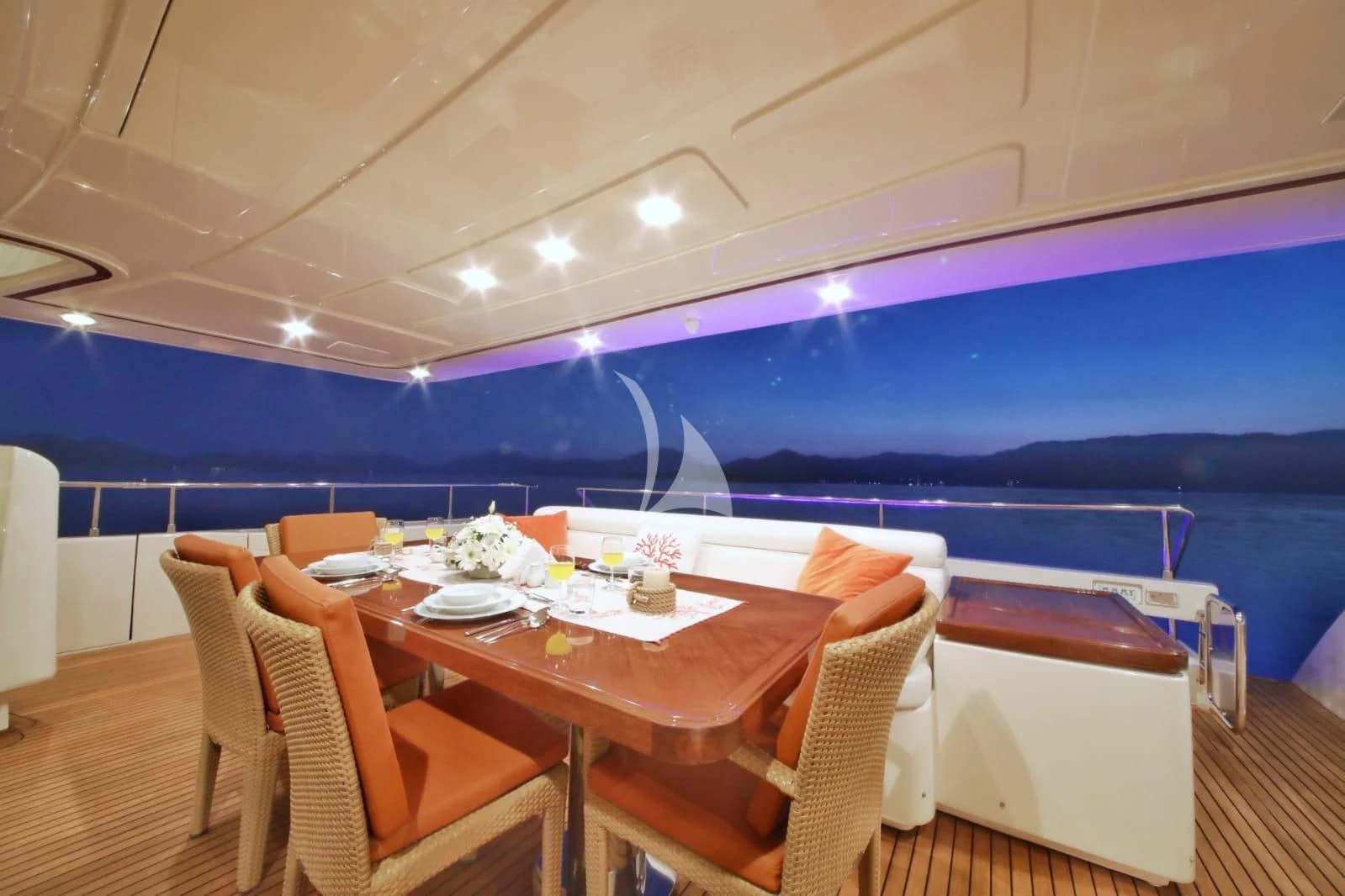 a dining table set for a party aboard FUNDA D Yacht for Sale