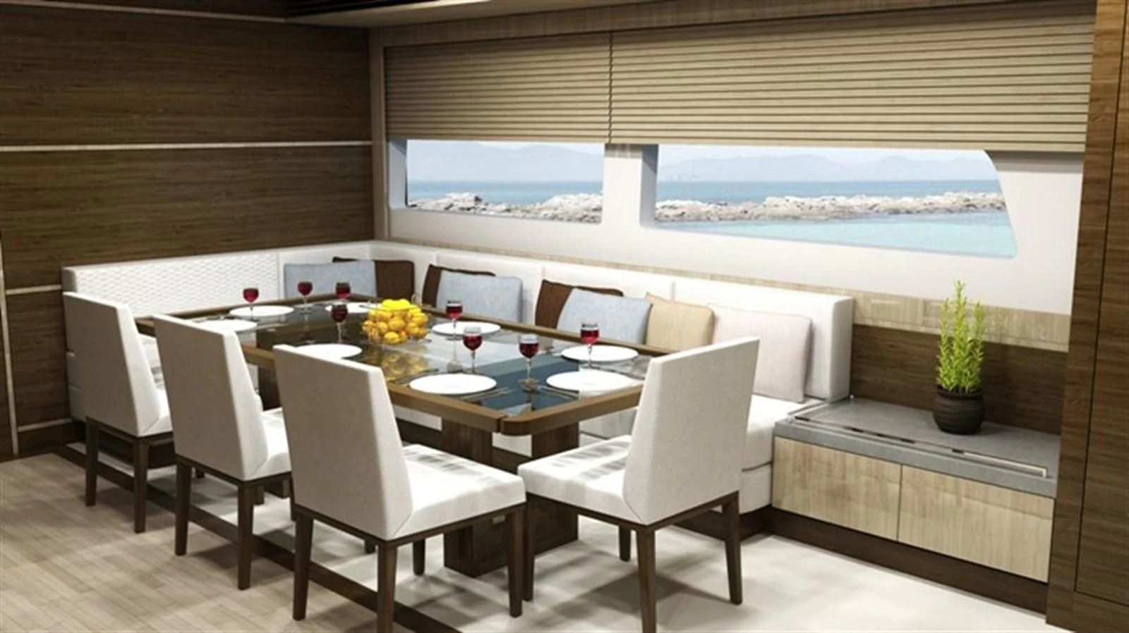 a room with a table and chairs aboard ALL OCEAN YACHTS 100' FIBERGLASS Yacht for Sale