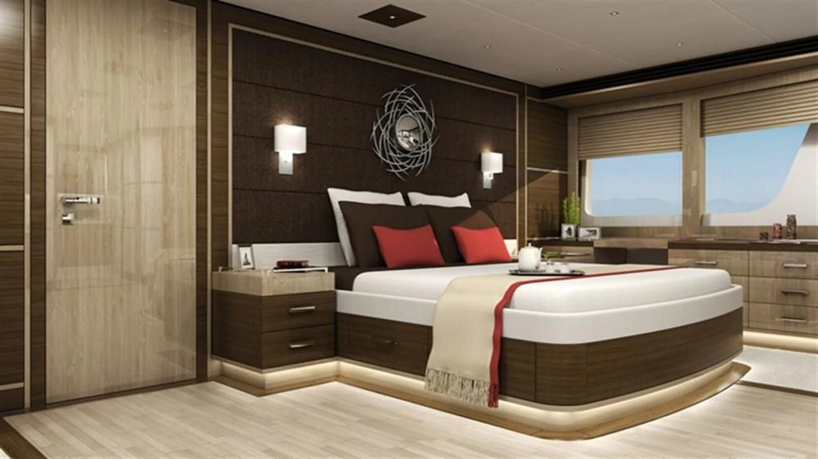a room with a bed and a window aboard ALL OCEAN YACHTS 100' FIBERGLASS Yacht for Sale