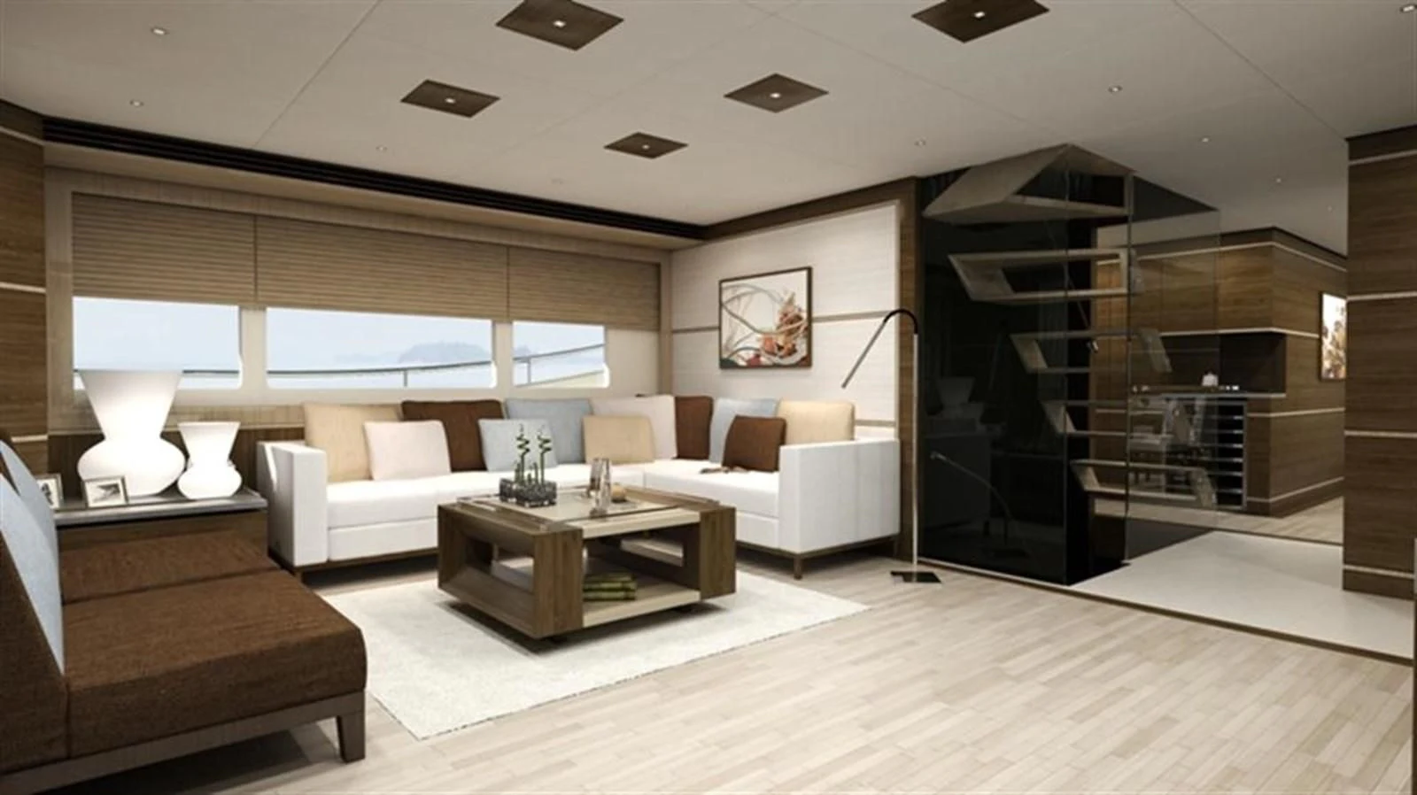 a living room with a fireplace aboard ALL OCEAN YACHTS 100' FIBERGLASS Yacht for Sale