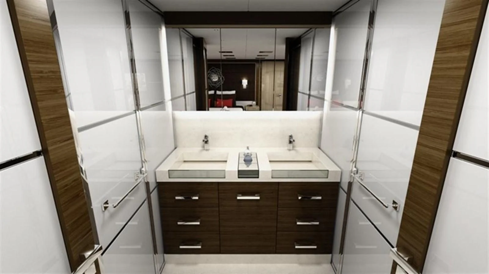 a bathroom with a sink and a mirror aboard ALL OCEAN YACHTS 100' FIBERGLASS Yacht for Sale