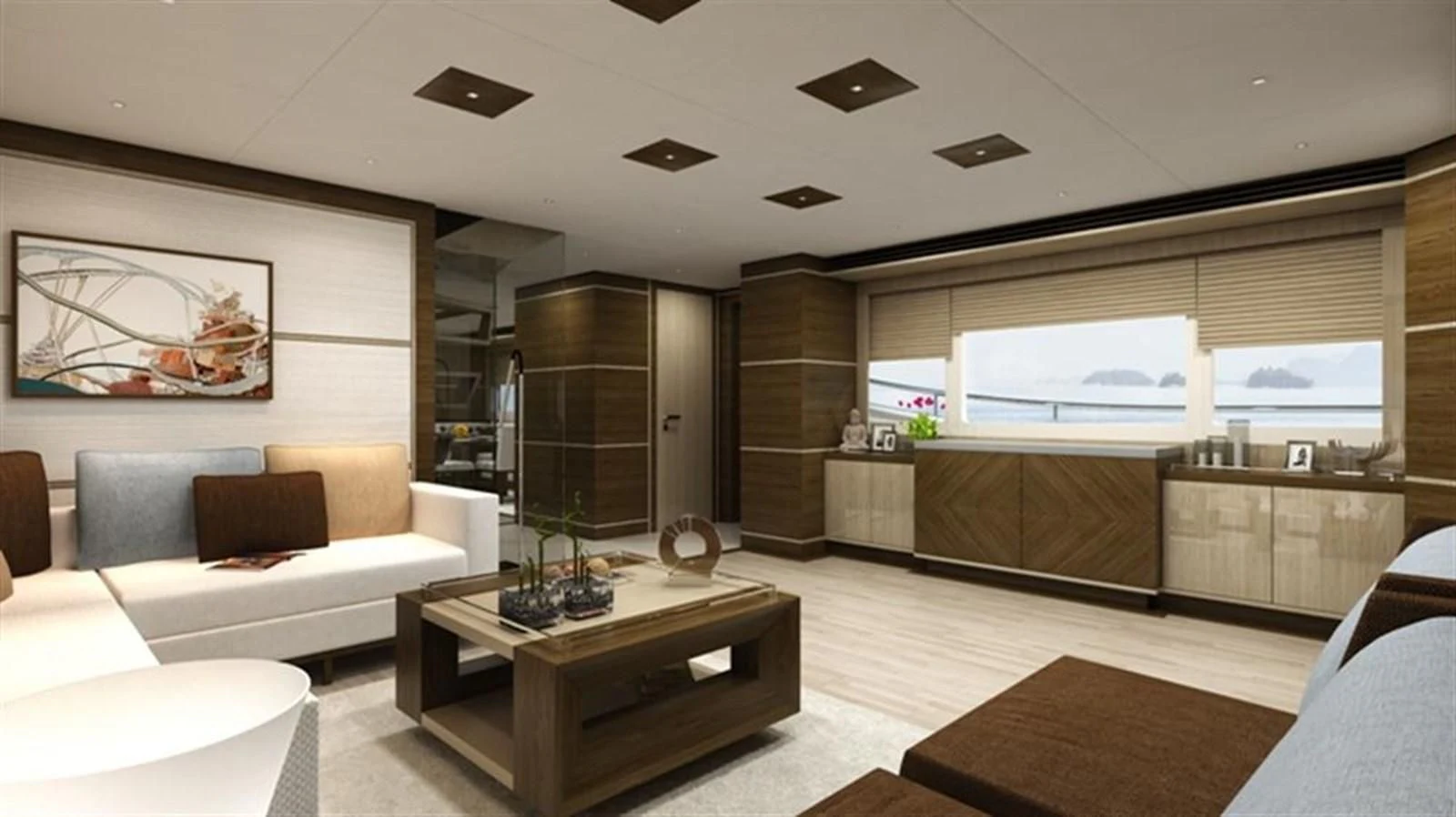 a living room with a fireplace aboard ALL OCEAN YACHTS 100' FIBERGLASS Yacht for Sale