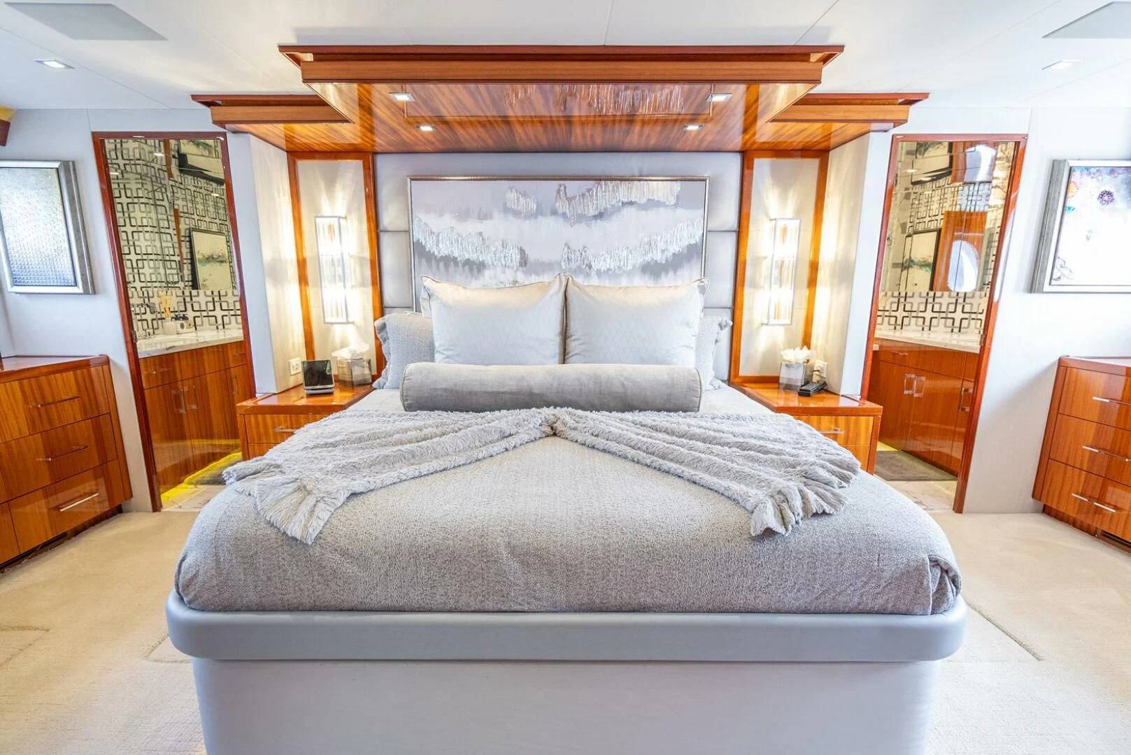 a bed with a large headboard aboard RITZ SEA Yacht for Sale