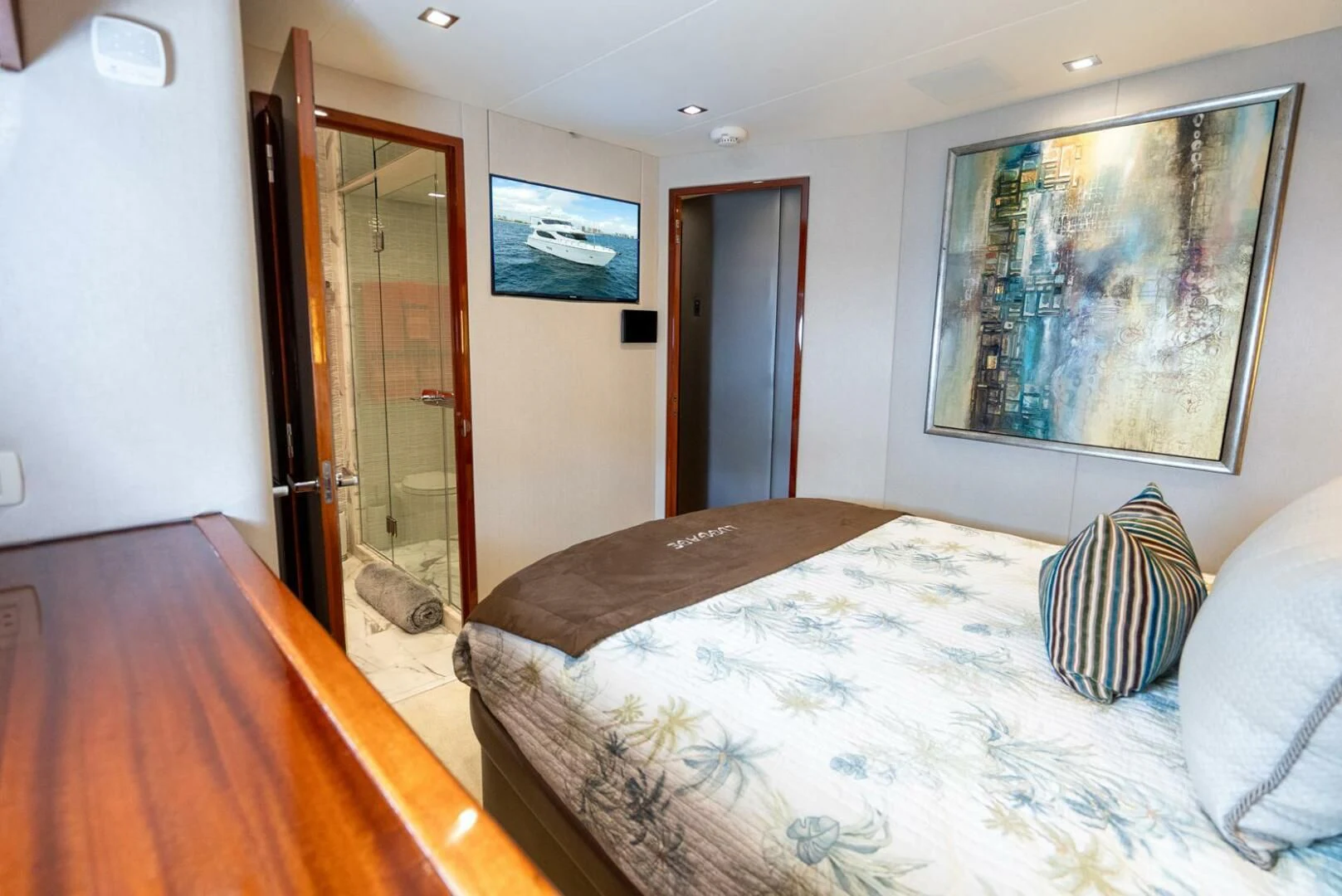 a bed in a room aboard RITZ SEA Yacht for Sale