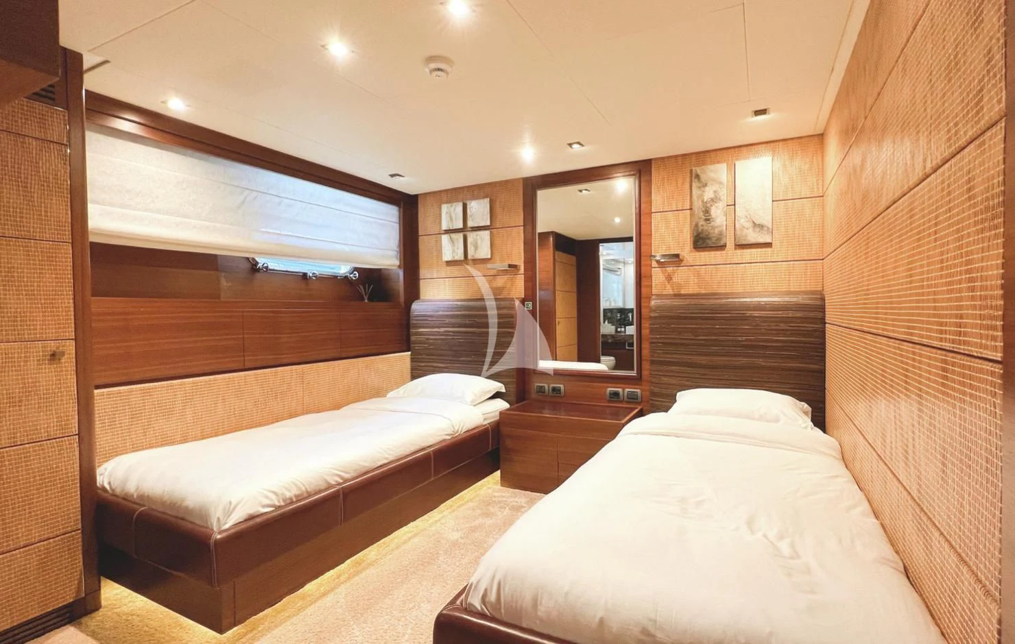 a room with two beds aboard MATSU Yacht for Sale