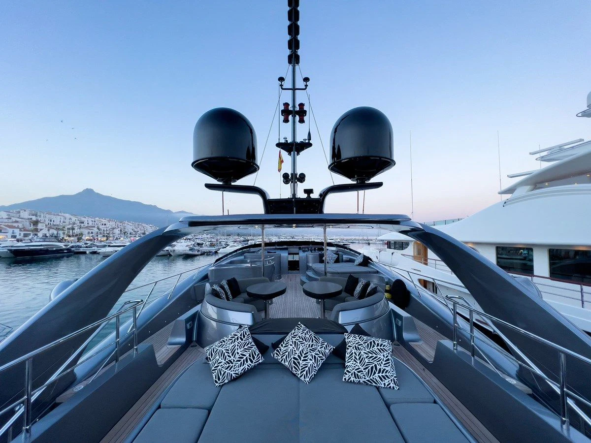 a large ship with a satellite dish on it aboard MATSU Yacht for Sale