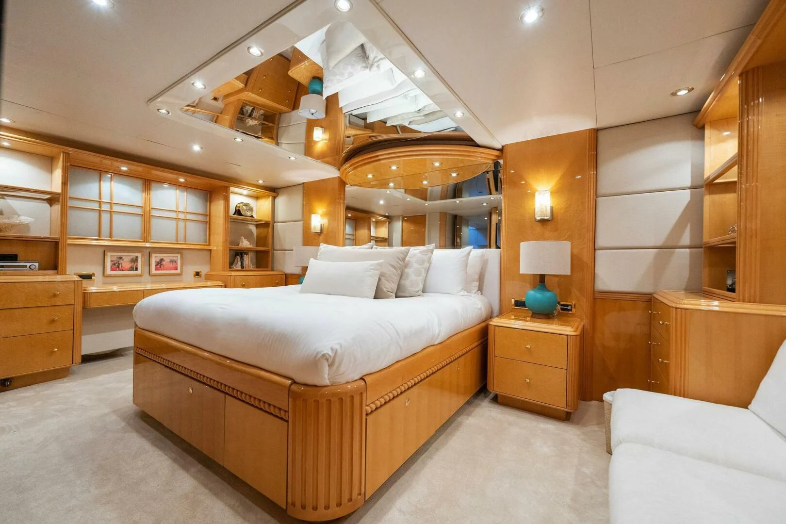 a large bed in a room aboard NORDLYS Yacht for Sale