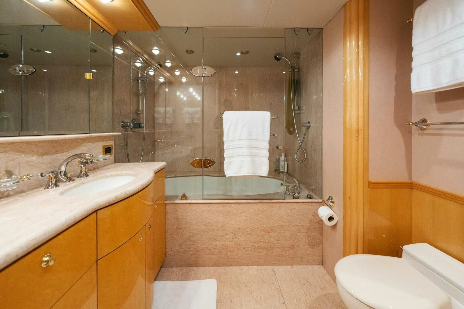a bathroom with a large shower aboard NORDLYS Yacht for Sale