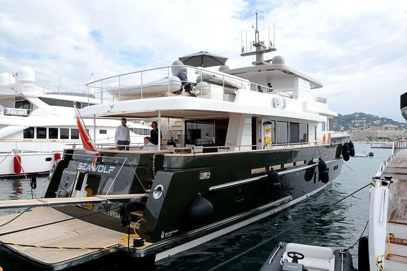 a boat docked at a pier aboard SEAWOLF Yacht for Sale