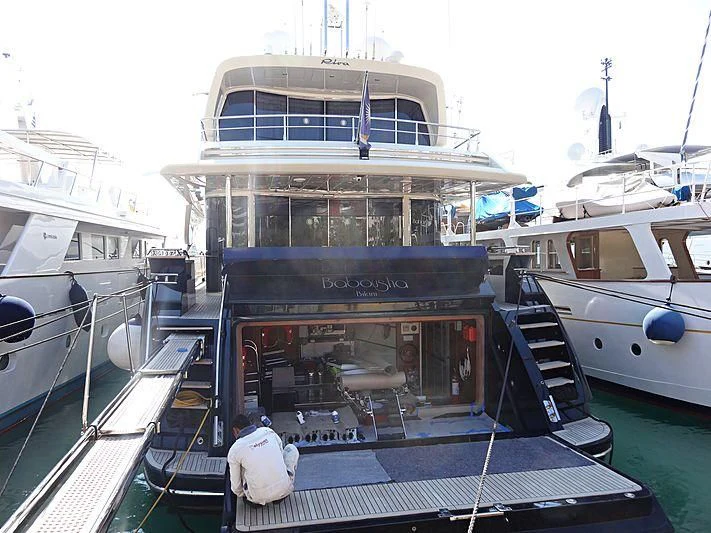 a large boat in the water aboard BEYOND Yacht for Charter