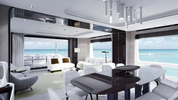 a room with a large window and a view of the ocean aboard WONDERLIGHT Yacht for Sale