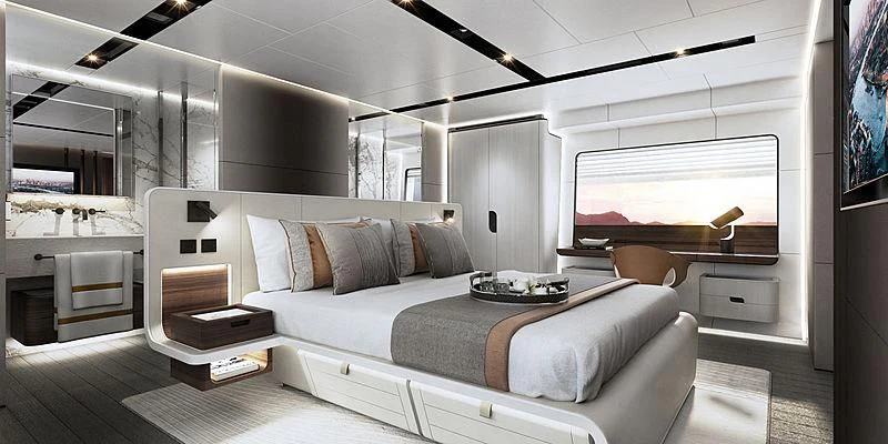 a large white bed in a room aboard ASTONDOA AS8/02 Yacht for Sale