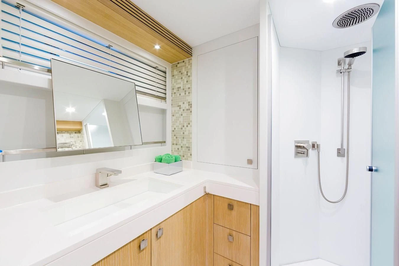 a bathroom with a shower and sink aboard O NOSO UNO Yacht for Sale