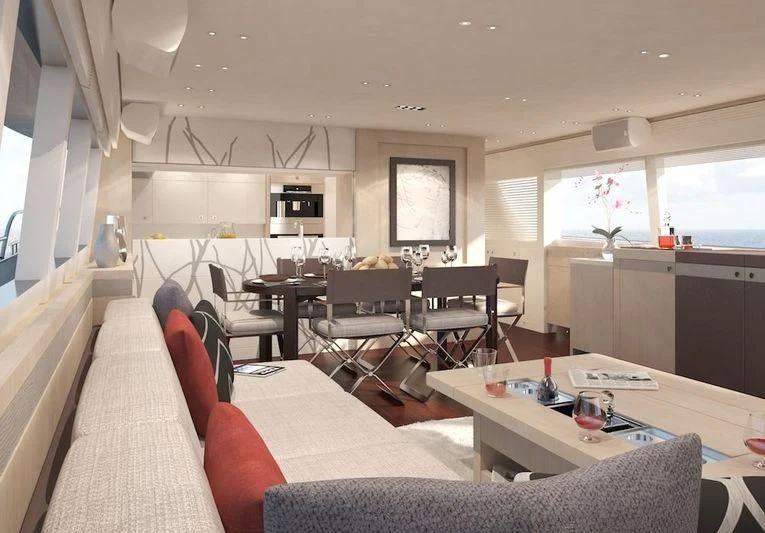 a room with a table chairs and a tv aboard O NOSO UNO Yacht for Sale