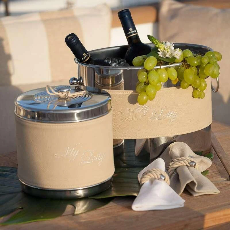 a table with food and a knife aboard LOTTY Yacht for Sale