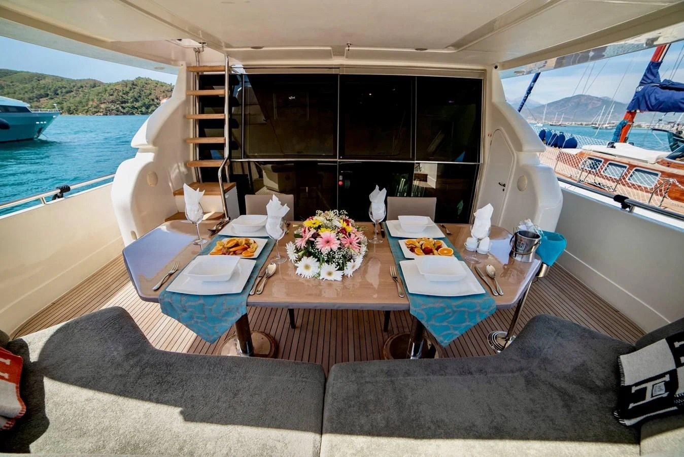 a living room with a large boat aboard FERRETTI Yacht for Sale
