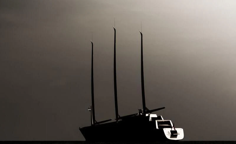 a black and white photo of a building with a tall tower aboard SAILING YACHT A Yacht for Sale