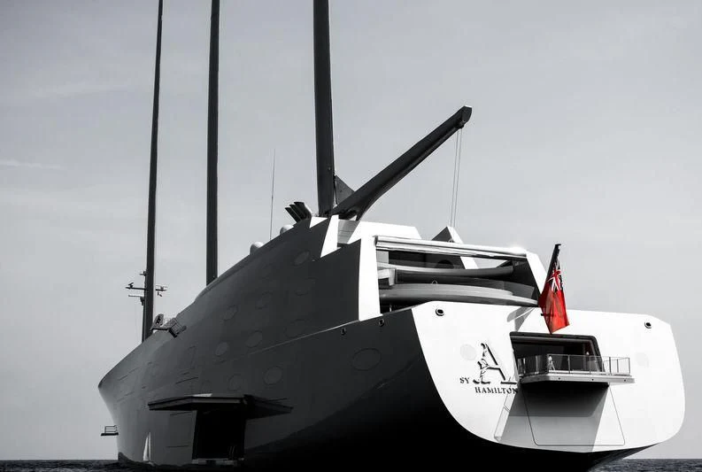 a military ship on the water aboard SAILING YACHT A Yacht for Sale