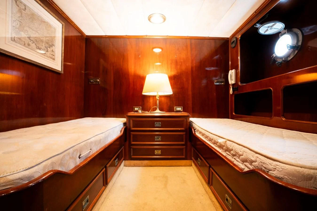 a room with two beds aboard MAXIME Yacht for Sale