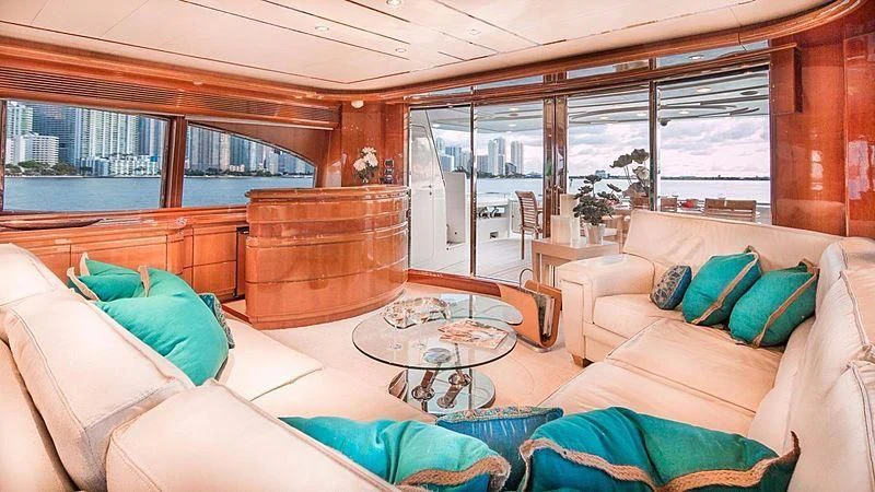 a living room with a large window aboard NOAH'S Yacht for Sale