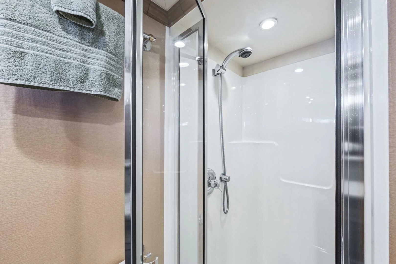a bathroom with a towel rack aboard LIFE'S A JOURNEY Yacht for Sale