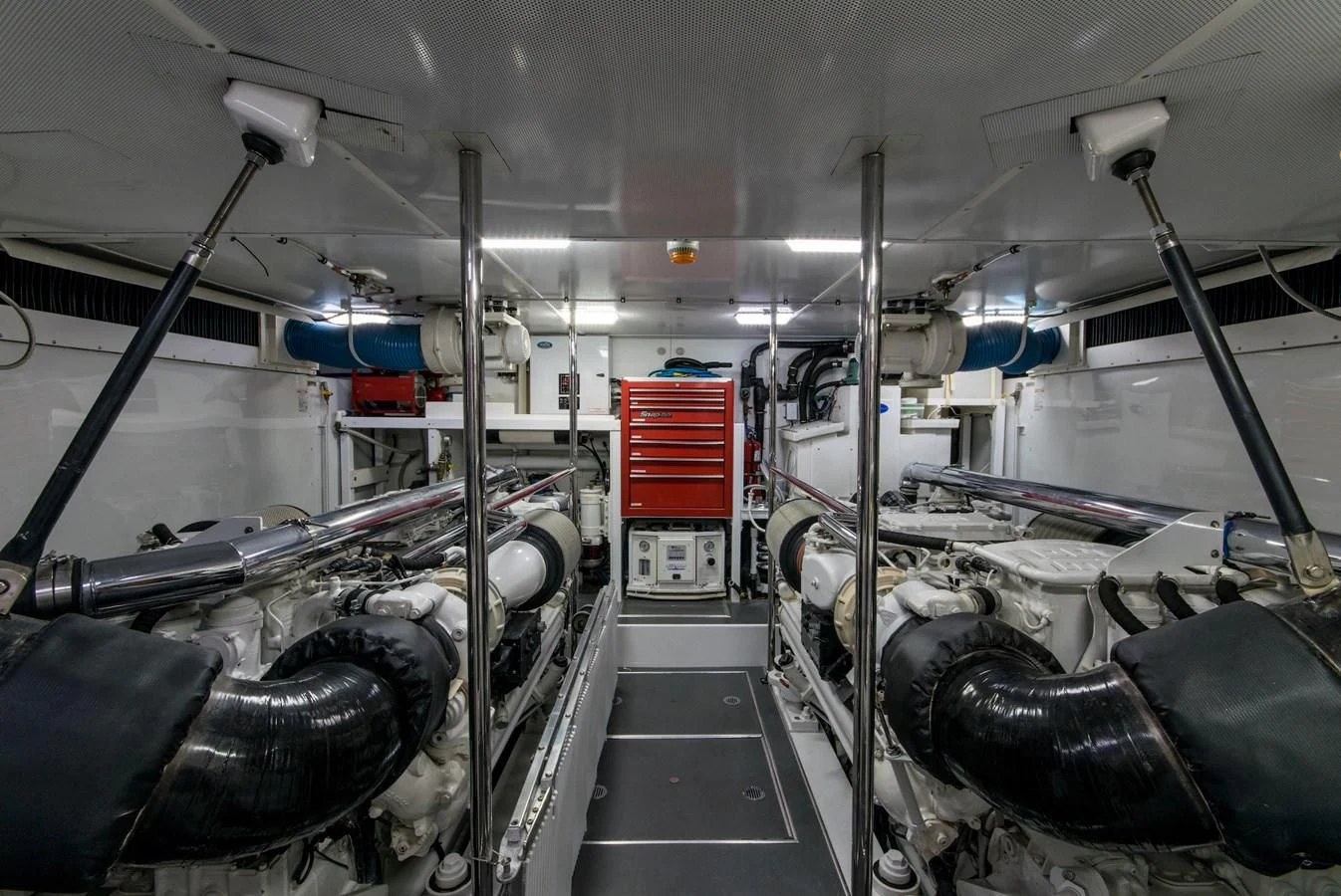 a room with large pipes aboard LIFE'S A JOURNEY Yacht for Sale